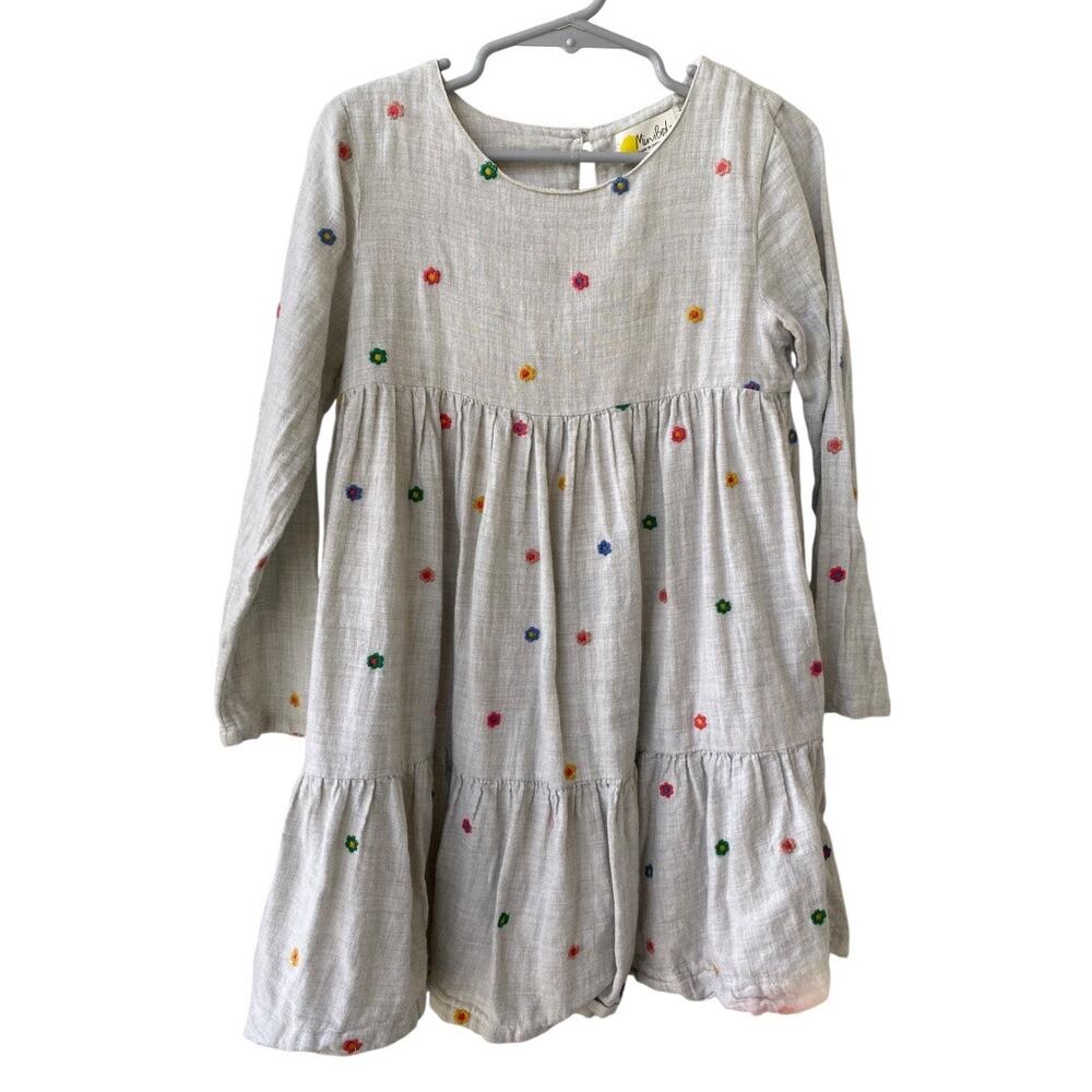 Mini Boden 5/6 Year Flower Embroidered Tiered Oatmeal Lined with Pockets Dress